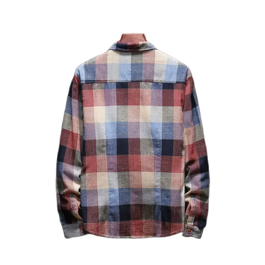 Однобортная Мужская рубашка в клетку из хлопка с отложным воротником и длинными