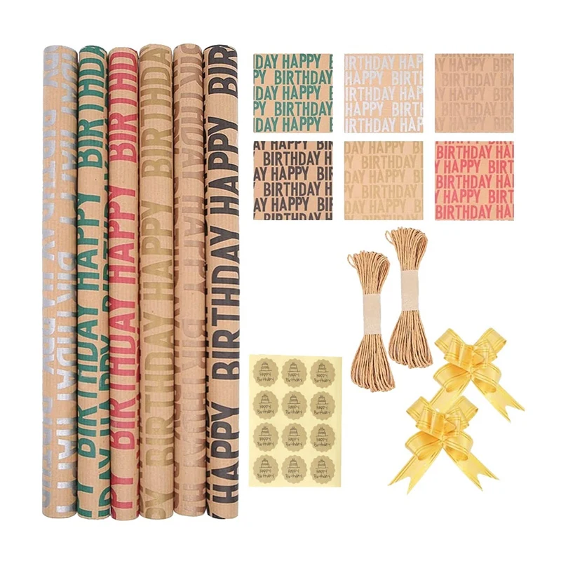 

Kraft Birthday Gift Wrapping Paper,12 Sheets Folded Paper with Jute Strings,Stickers and Bows for All Birthday Occasions