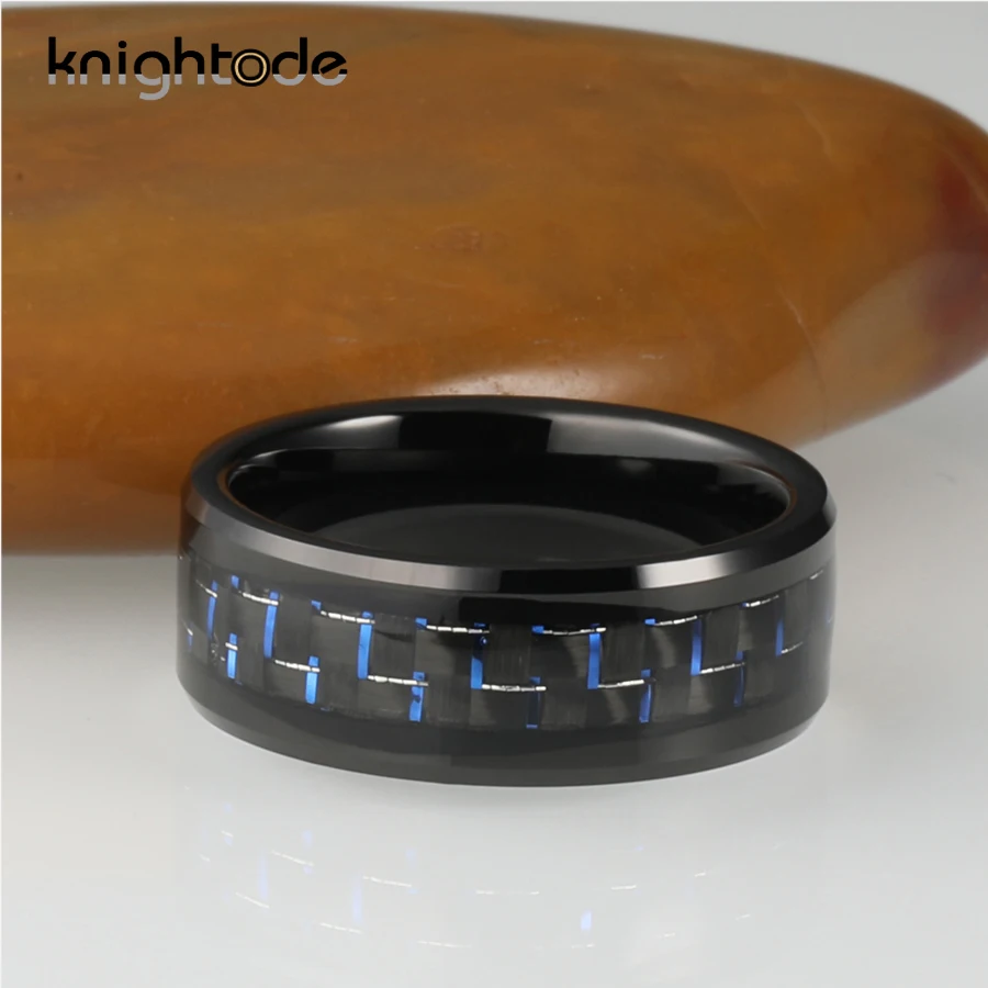 Модные кольца из черного карбида вольфрама 8 мм синие/черные вставки углеродного