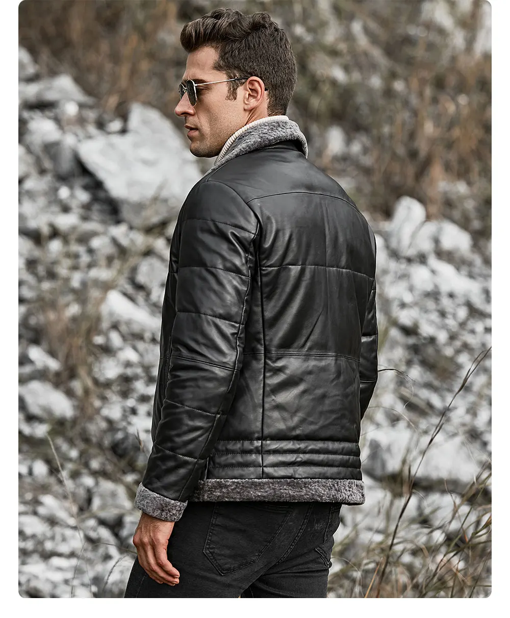 Модный мужской пуховик из натуральной кожи, мужское теплое зимнее пальто из натуральной овечьей кожи с отложным воротником