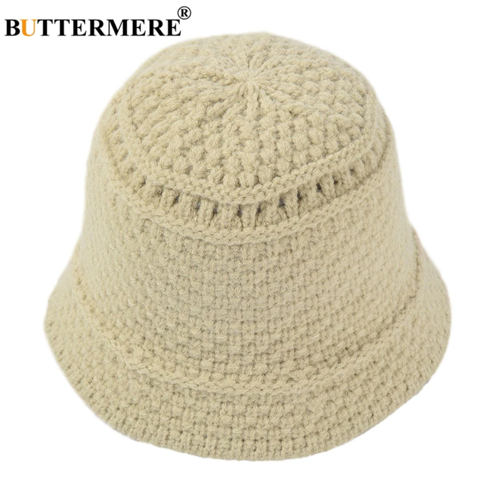 BUTTERMERE Knit Bucket Hat Womens Autumn Winter Women Hat Solid Harajuku Ladies Brown Brand Wide Brim Fisherman Cap