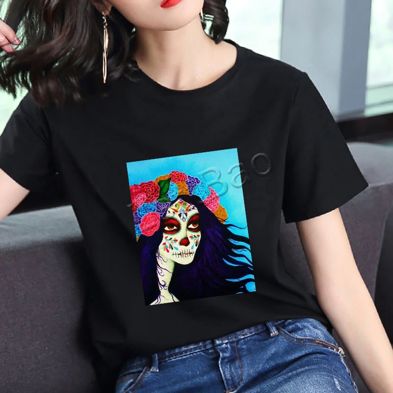 Цветочный череп Графический Черный Топы мексиканский День мертвых рубашки леди