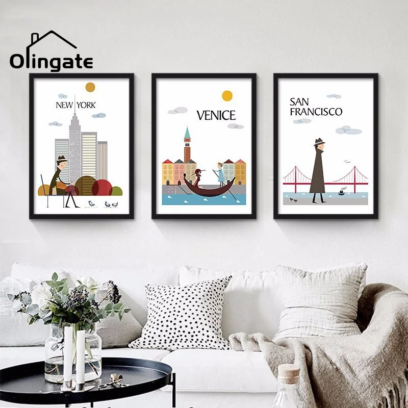 

Nordic World Famous Cities Wall Pictures Cartoon Cute Portrait Landscape Canvas Poster One Piece Wall Art Home Living Room Decor
