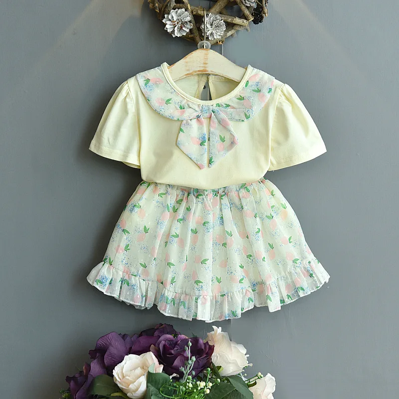 

Girls Summer Stitching Tie Short-sleeved T-shirt & Chiffon Skirt Suit Costumes for Kids Two Piece Set Summer Fashion Clothes