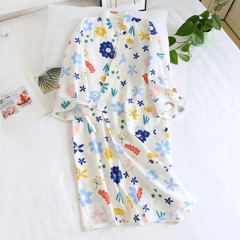 

2021 Cotton Crepe Robes for Women Home Furnishing Service Elastic Cartoon Fresh and Cute Kimono Women Night Bath Robe Sleepwear