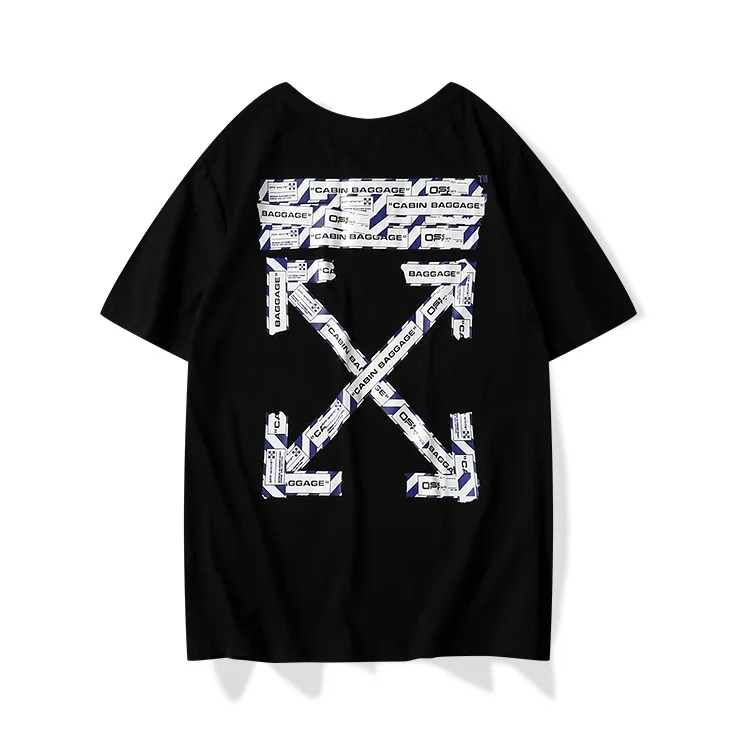

Tide brand OFF WHITE BLACK short-sleeved T-shirt men and women couple airport blue and white tape arrow printing OW cotton