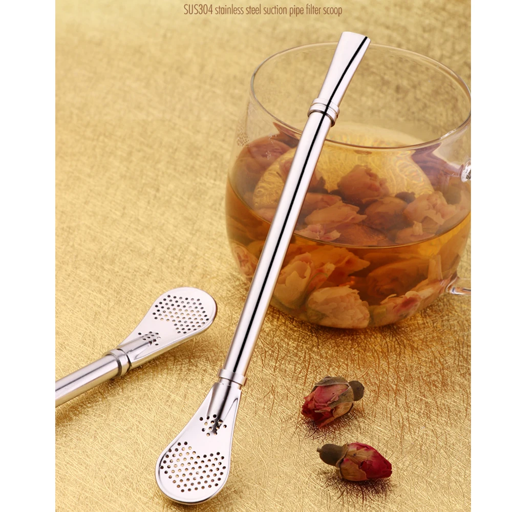 

304 Stainless Steel Straw Spoon One Dual-use Milk Tea Coffee Stirring Spoon Tea Leaking Juice Filter Spoon