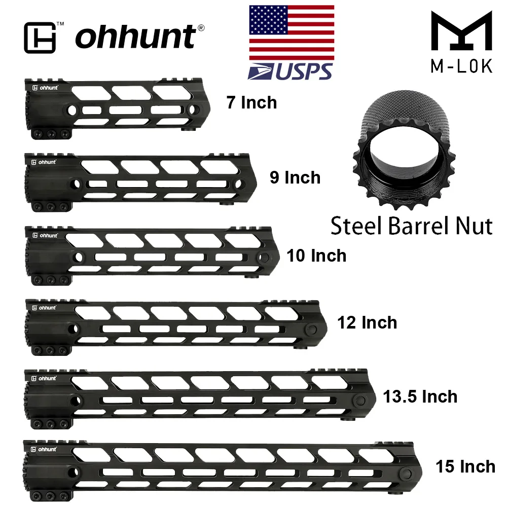 

ohhunt Tactical AR15 Free Float M-LOK Handguard 4'' 7" 9" 10" 12" 13.5" 15" Picatinny Rail Mount with Steel Barrel Nut