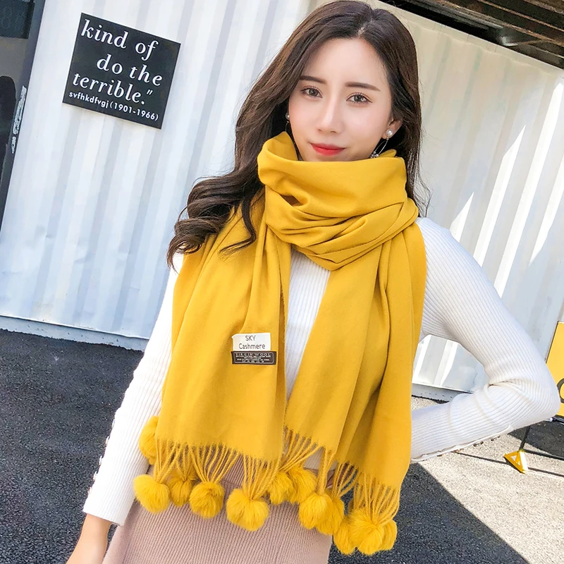 Теплые зимние шерстяные кашемировые шарфы с помпонами розовый толстый шарф