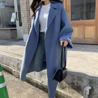 Женское зимнее пальто, шикарное Однотонное шерстяное пальто, женское Элегантное синее длинное зимнее пальто 2022, теплый Тренч, пальто