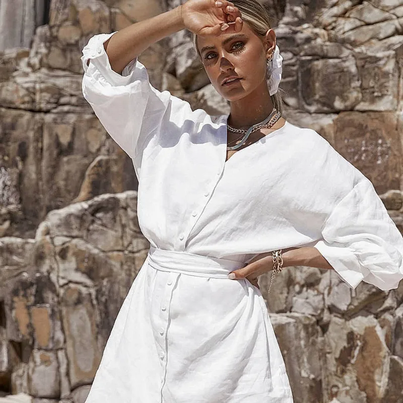 

2021 Women's Dress Sexy Party Spring Summer Straight Shirt Pure Cotton Vintage V-neck Belt Sashes Beach Slim Female Dress