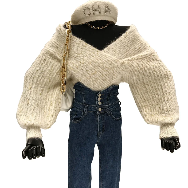 

Cross V-neck Knitted Sweater Women's Autumn and Winter 2021 New Outer Wear Loose Pullover Lantern Sleeve Solid Color Cropped Top