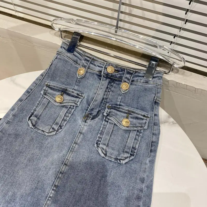 

2021 Summer Jeans Skirt for Women New Retro Metal Buckle Double Pocket Slit Edge Lady Denim Hip Skirt Mid-length Faldas