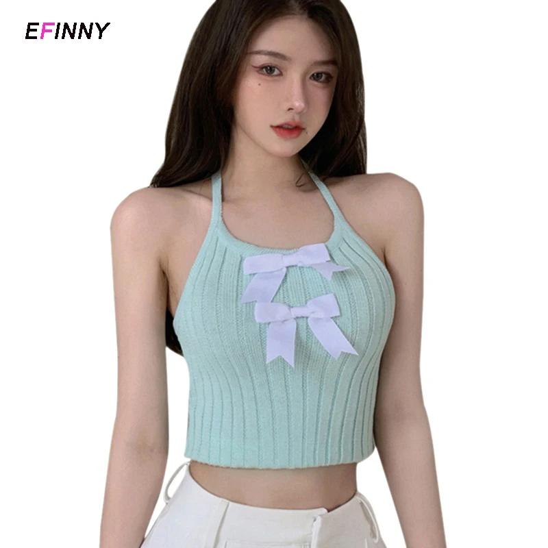 

Korean Style Crop Top Sleeveless Bow Tops Knited White Tank Top Corset Vintage Tee Shirt Femme Summer Clothes Green/White/Black