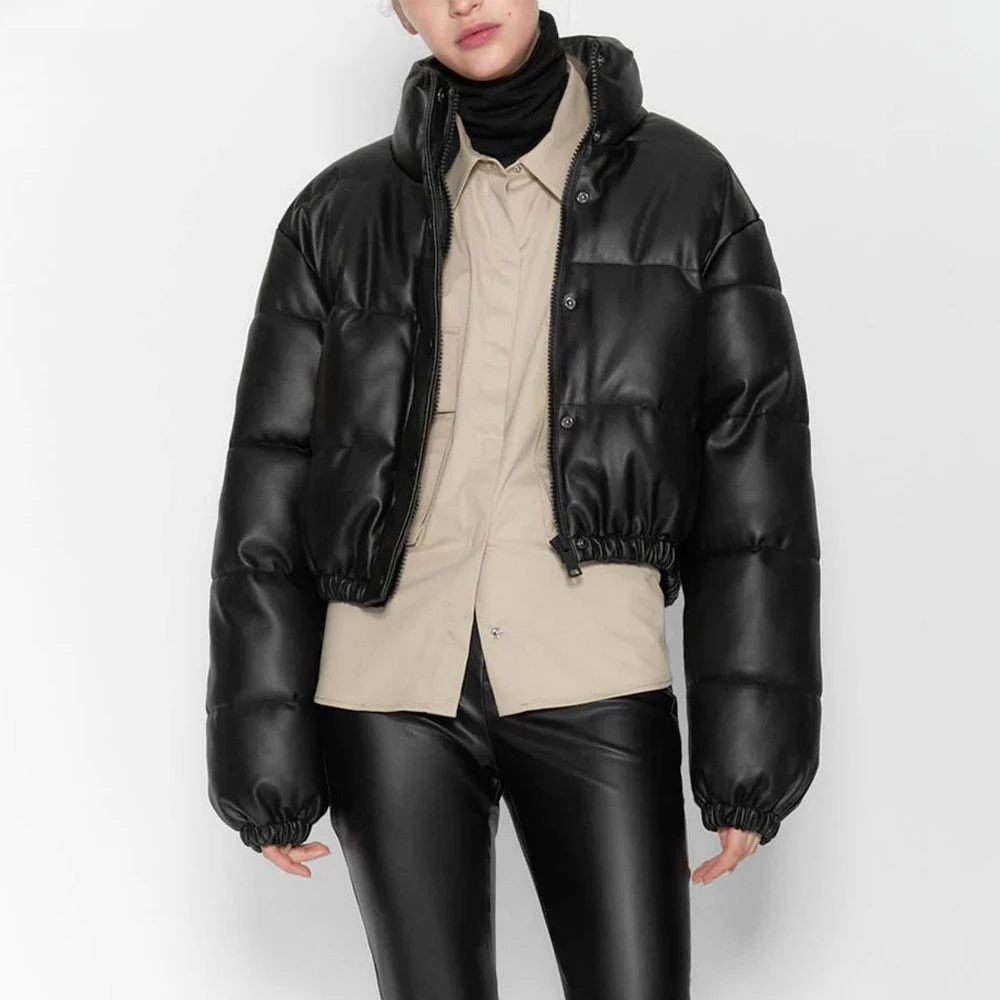 

Женская короткая мотоциклетная куртка ZA, черная стеганая куртка из искусственной кожи с длинным рукавом, зимнее пальто, 2021