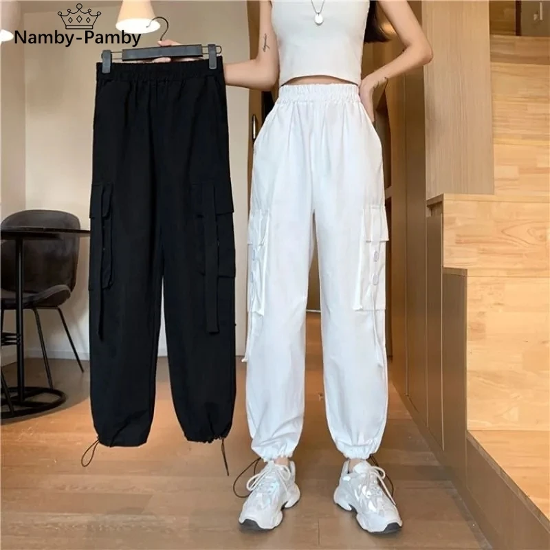 

Harajuku Streetwear Black Cargo Pants Women Korean Fashion Gothic High Waist White Trousers Oversize Harem Pants Mall Goth