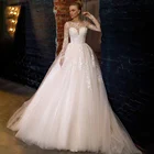 Новинка 2022 года, дизайнерское свадебное платье-трапеция из тюля с глубоким круглым вырезом и длинным рукавом, на шнуровке, свадебные платья