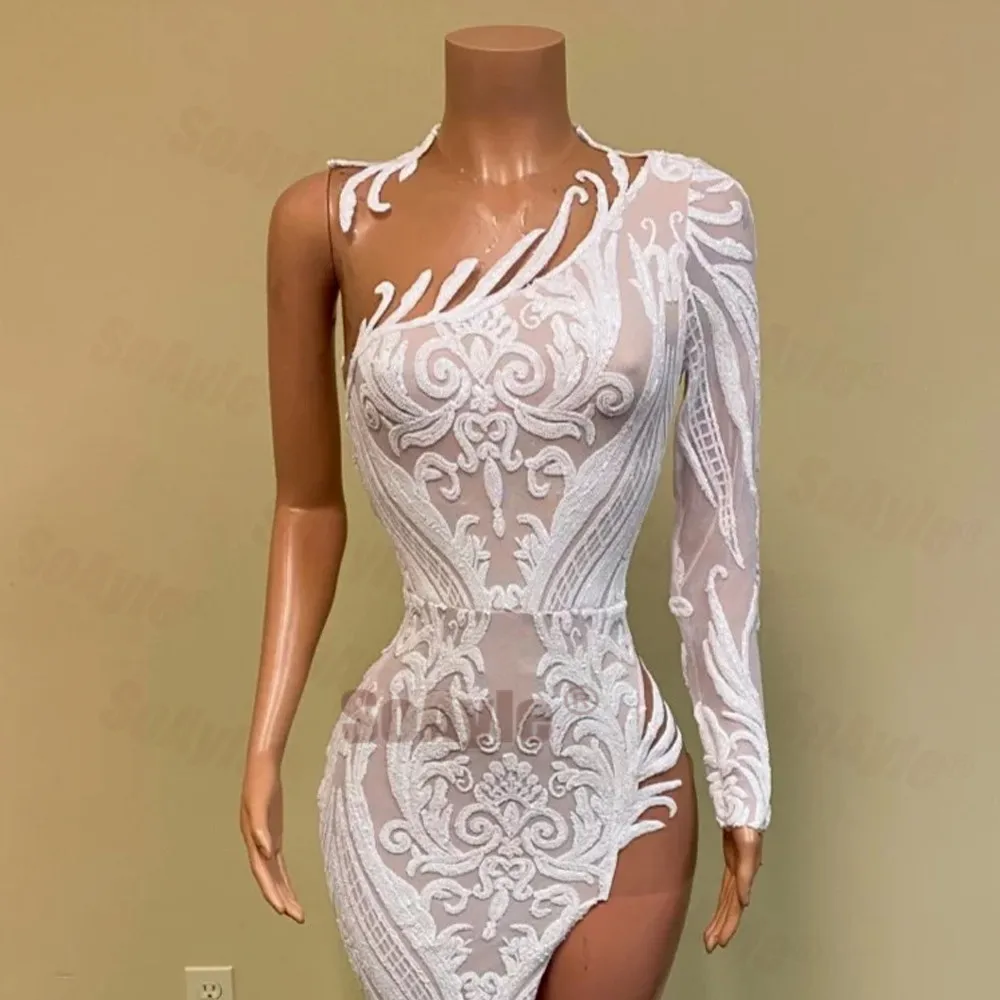 

SoAyle Long Prom Dress 2020 Sexy Side Split Sheer Neckline One Shoulder Mermaid African White Sequins Women's Prom Dresses