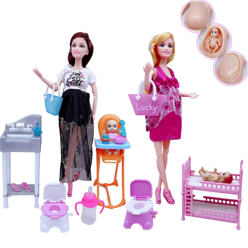 

11.5"/5"Fashion New Pregnant Barbies Doll Multi-joint Mom and Daughter Combination Dog Walking Children's Toy Best Christmas Gif