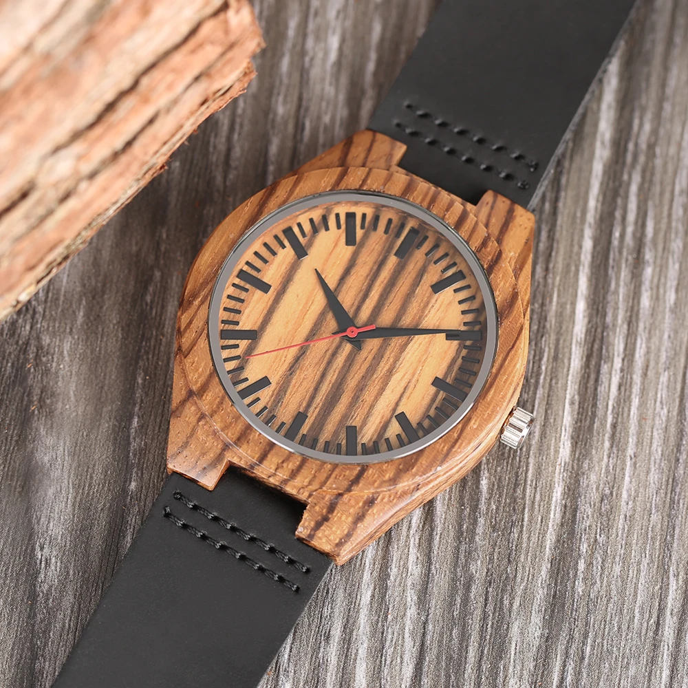 

Vintage Men'S Wooden Watch Boy'S Quartz Watch Red Second Hand Black Belt Watch Fashion Leisure Matching Decoration