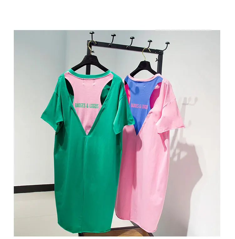 

2021 Spring/Summer Back Patchwork Ripped Korean Style Short Sleeve Dress Loose Fashionable Solid T-shirt Dress