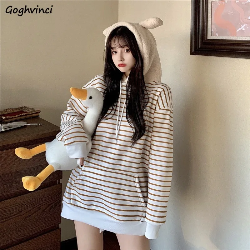 

Hoodies Women Lambswool Patchwork Striped Designed Hooded Leisure Spring Teens Hoodie Outwear Harajuku Ulzzang All-match Fashion