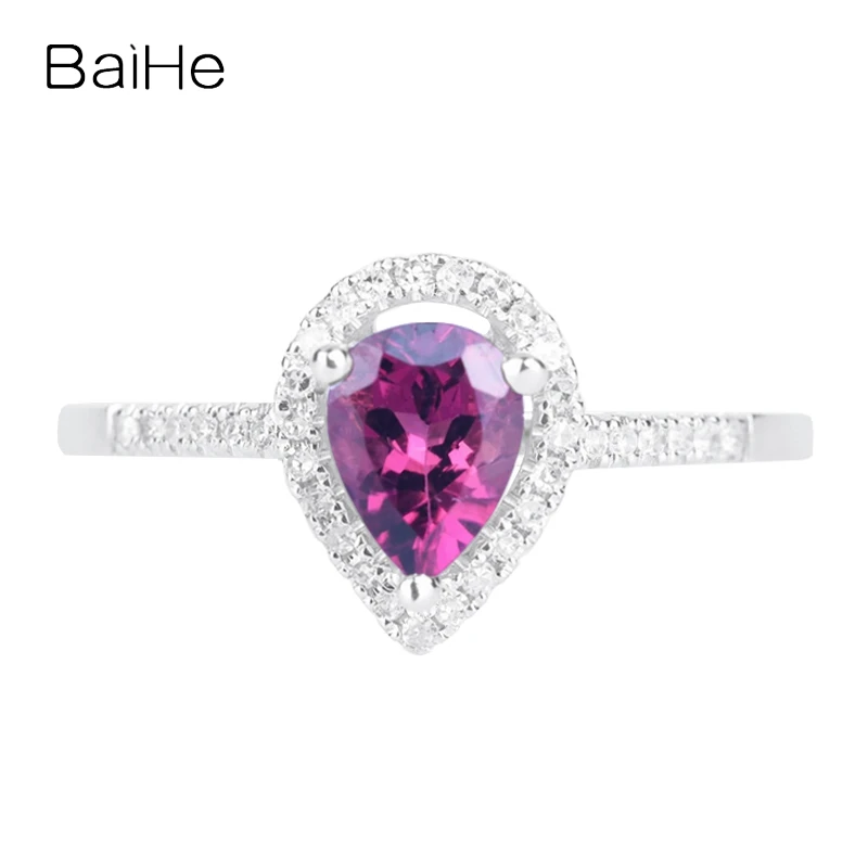 

BAIHE Real Solid 14K Rose Gold Tourmaline Ring Natural Diamond Wedding Women Trendy Fine Jewelry Drop Shaped Ring Mowhiti Anneau