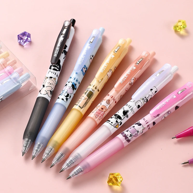 

6pcs Baby Cow gel Pen Set Cute Cartoon Click Type 0.5mm Roller Ball Black Color for Writing Office School Supplies F6120