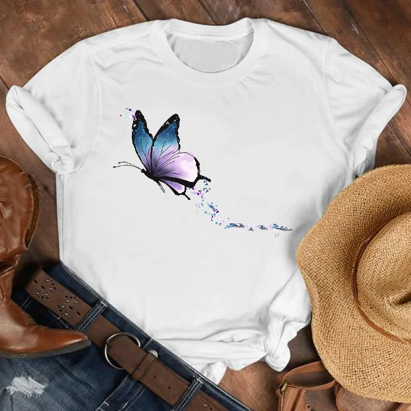 

Women Lady Cartoon Butterfly Floral Elegant 2021 Fall Autumn Shirt Clothes Tshirt Tee Womens Top Female Print Graphic T-shirt