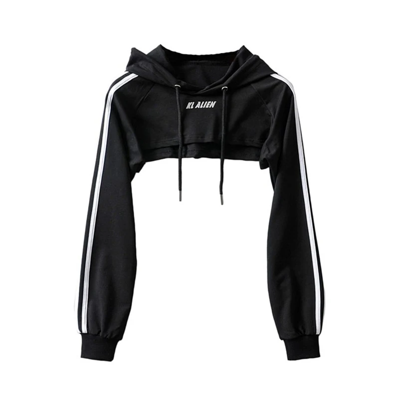 

2021 Autumn New Style Three Bars Short Blouse Letter Reflective Hooded Top Sexy Long Sleeve Leisure Korean Version
