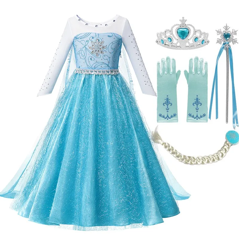 Elsa Dress Set 02 VOGUEON/платье принцессы Эльзы для маленьких девочек; карнавальный костюм Снежной Королевы для хеллоуина с длинными рукавами; Пышное Платье с бусинами и длинным шлейфом - Цвет: Elsa Dress Set 02