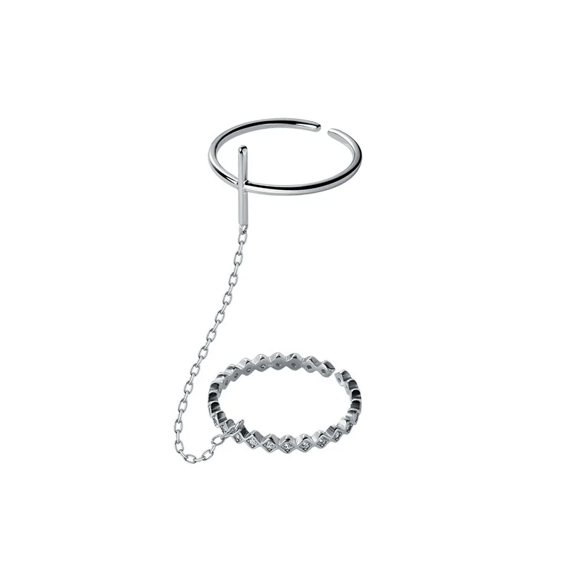 

MloveAcc 925 Sterling Silver Chain Cross Combination Open Ring Hip-hop Punk Fashion Personality Finger Ring Women Jewelry Party