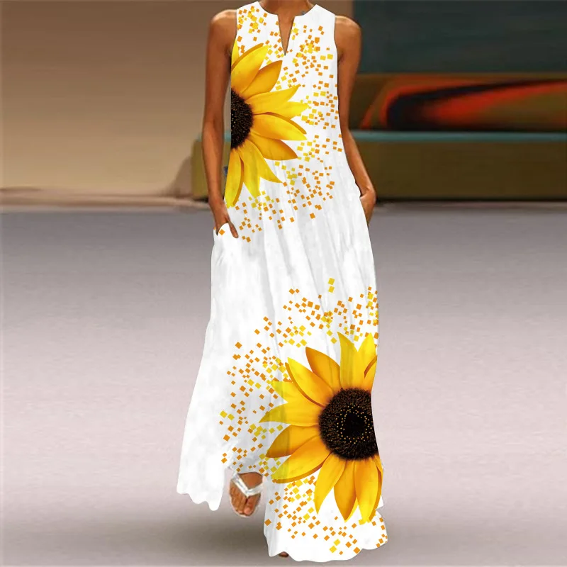 

2021 New Summer Women's Sleeveless Long Skirt V-neck Print Retro Dress Women's Clothing