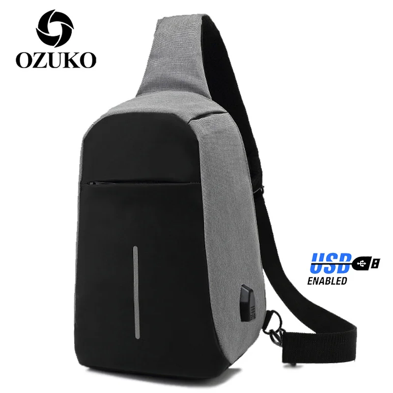 

OZUKO USB Charge Men Crossbody Bag Casual Large Capacity Sling Bags Sports Chest Pack Travel Phone Pouch One Shoulder Bags Bolso