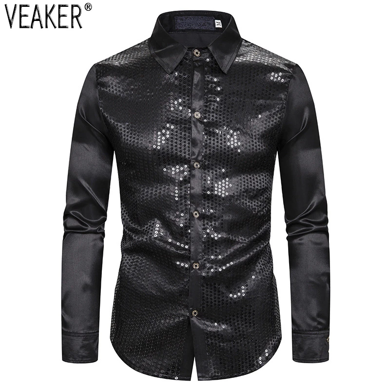 2019 новые мужские шелковые атласные блестящие рубашки однотонные длинный рукав