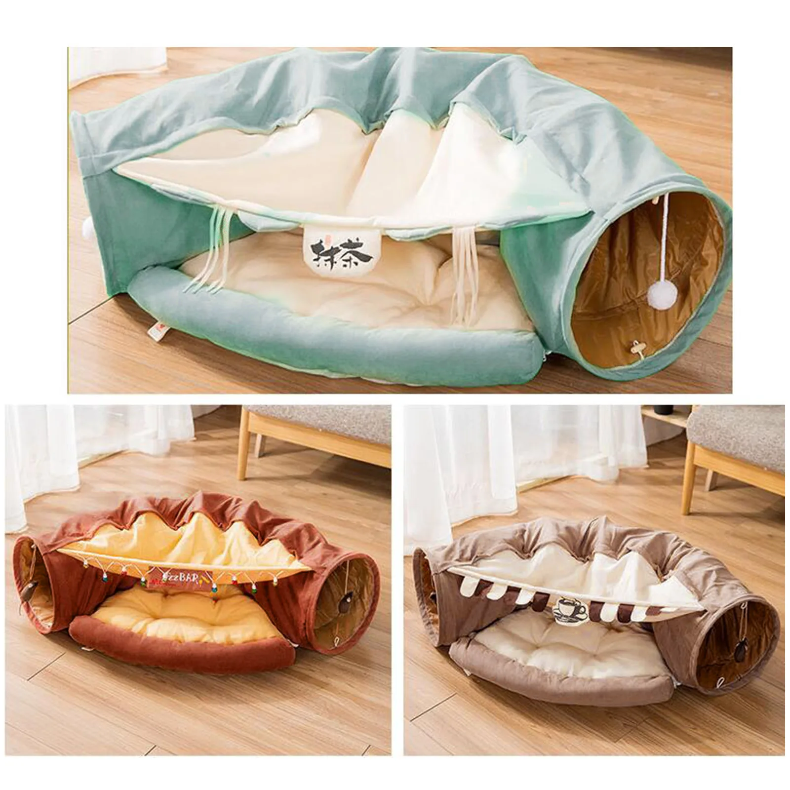 

Cat Toys Collapsible Tunnel Bed Cozy Cave Round Cuddle Snuggery Burrow Pet Litter House Bed Channel Removable Cover Cat Bed