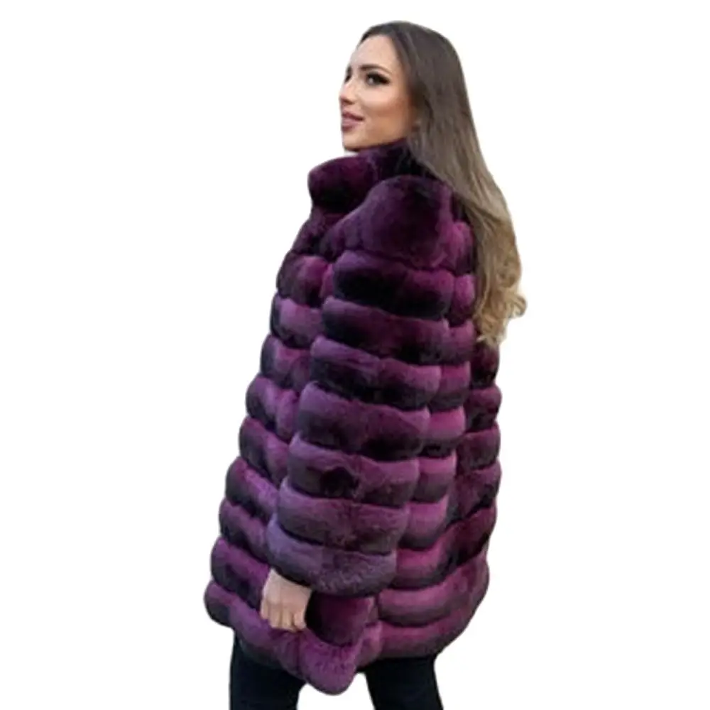 Fashion Purple Rex Rabbit Fur Coat Mid-length Natural Women Genuine Rex Rabbit Fur Coats Stand Collar Winter Fur Overcoat Luxury enlarge