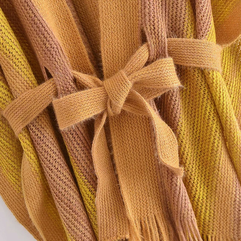 

ZA Women Chic Shawl Beach Party Host Waist Band Sweater Sleeveless Vest Tassel Contrast Color Shawl Farm Tea Striped Cloak Tops