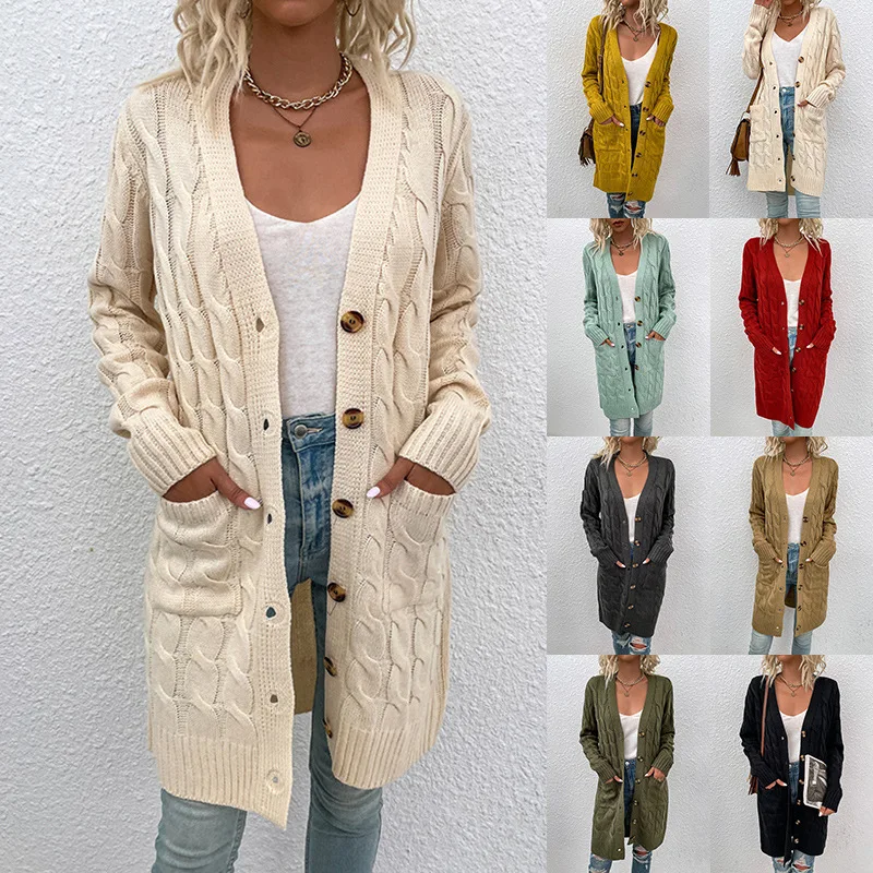 

Hot Sale Autumn and Winter Long Twist Sweater Women's European and American New Button Loose Knitted Cardigan Coat