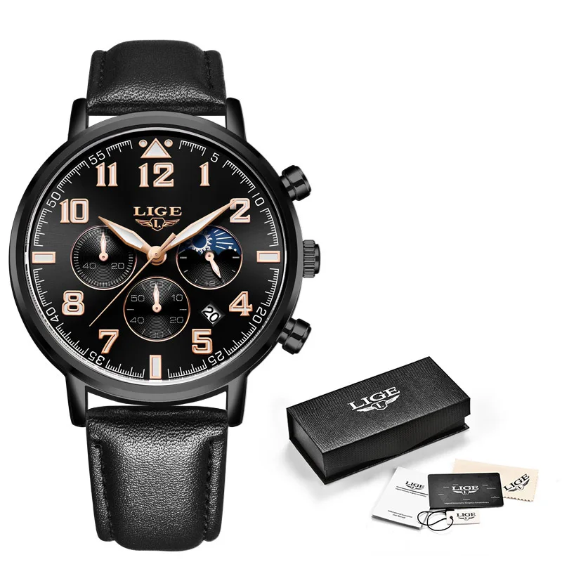 Black rose gold L LIGE новые мужские s часы лучший бренд класса люкс Бизнес Кварцевые часы мужские спортивные полностью стальные Водонепроницаемые Синие часы Relogio Masculino - Цвет: Black rose gold L