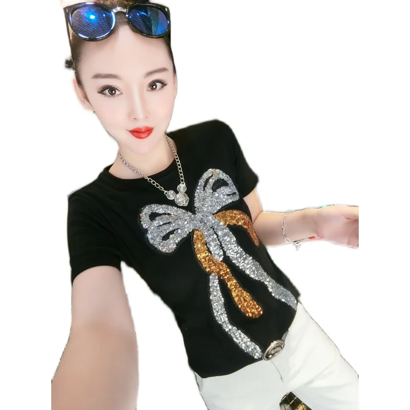 

Spring and Autumn Fleece Lined Thickened Short Sleeve T-shirt Top Slimming Round Neck Sequined Bottoming Shirt for Women