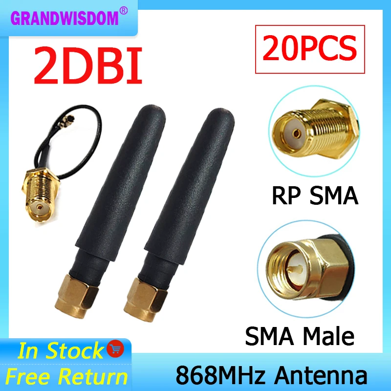 GRANDWISDOM 20pcs 868mhz antenna 2dbi sma male 915mhz lora antene module lorawan ipex 1 SMA female pigtail Extension Cable