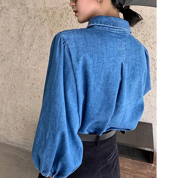 

Fashion Denim Blouse Women Vintage Puff Sleeve Shirt Mujer Autumn 2021 Collar Short Jeans Blousa Women Tops Chic