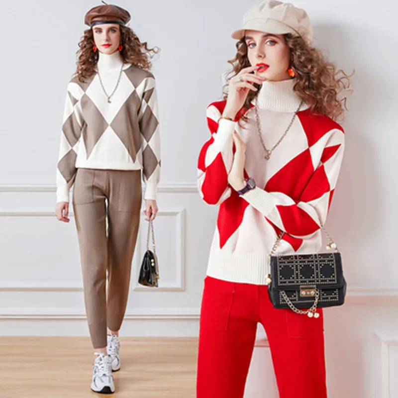 

New Knitted Two Piece Outfit Tracksuit Women Geometric Plaid Turtleneck Sweater Suits + Casual Female Pencil Pants Winter Sets