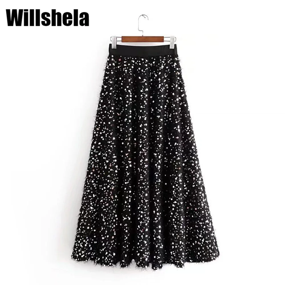 

Willshela Women Fashion Black Skirt with Sequin Appliques Elastic Waistband Chic Lady Woman Elegant Prom Dinner Long Skirt