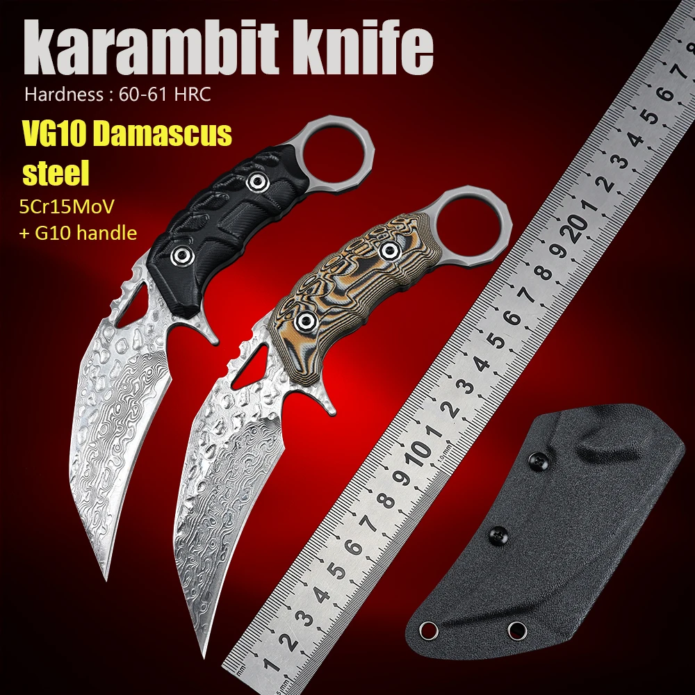

G10 Handle VG10 Damascus Steel Hunting Survival Tactical Knifes Outdoor Fixed Blade Karambit Knife Csgo