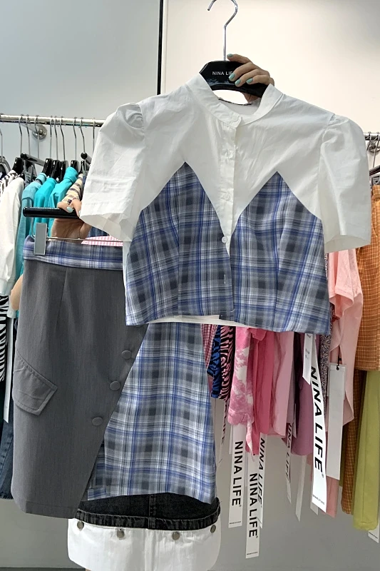 

Women Overalls 2021 Summer Korean Style Fashion Preppy Short Shirt Top High Waist Suit Stitching Plaid Short Skirt Two-Piece Set