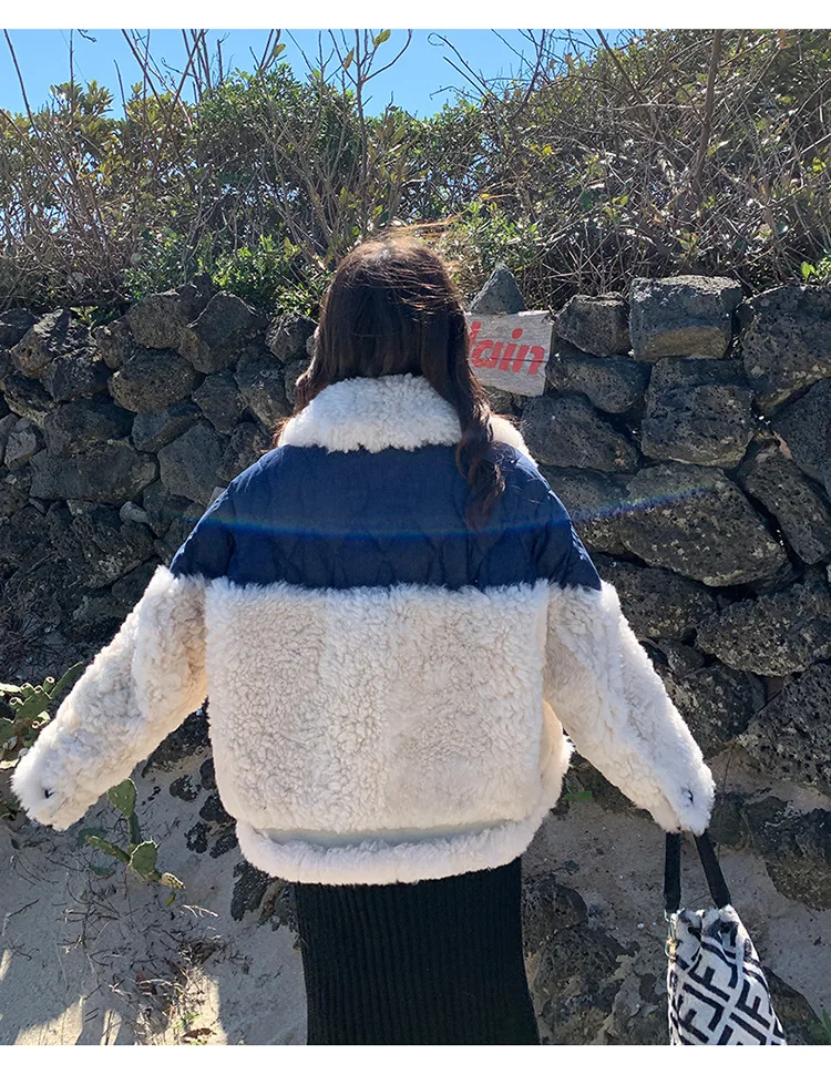 

Korean Version of Wide-waisted Thick Parkas Lapel Stitching Thickened Warm Casual Women Winter Lamb Fur Short Coat Crop Jacket