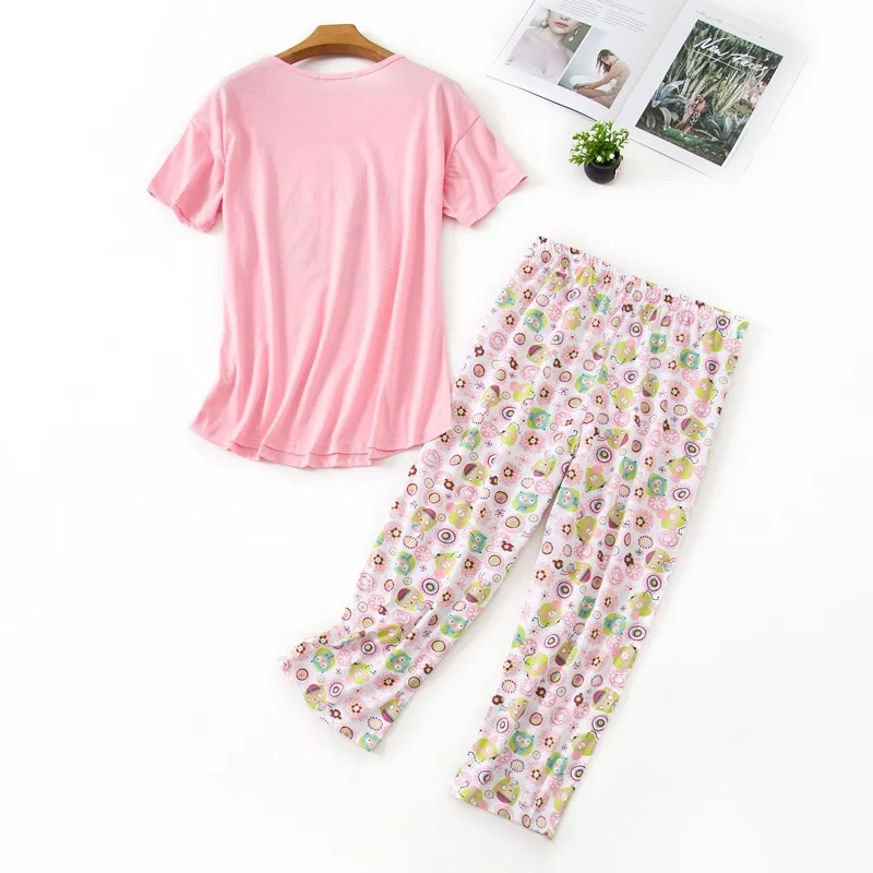 Women's Pajamas Pants Short Sleeve T-shirt 2 Piece/Set Sexy Hot Big Size Mom Home Top Women Cotton Sleepwear 2020  New Clothing