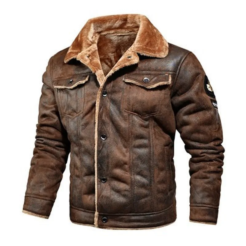 

Leather Jacket Men Winter Fashion Lapel Plus Velvet Padded Deerskin Velvet Jacket Long Sleeve Men Clothing Lugentolo